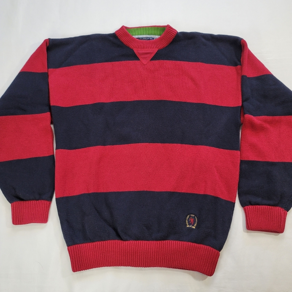 Tommy Hilfiger Red Blue Striped Sweater Mens L Knit Cotton Lion Crest
